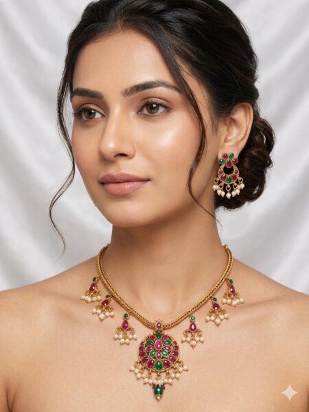 Pearl Temple necklace set with Green and Pink stone