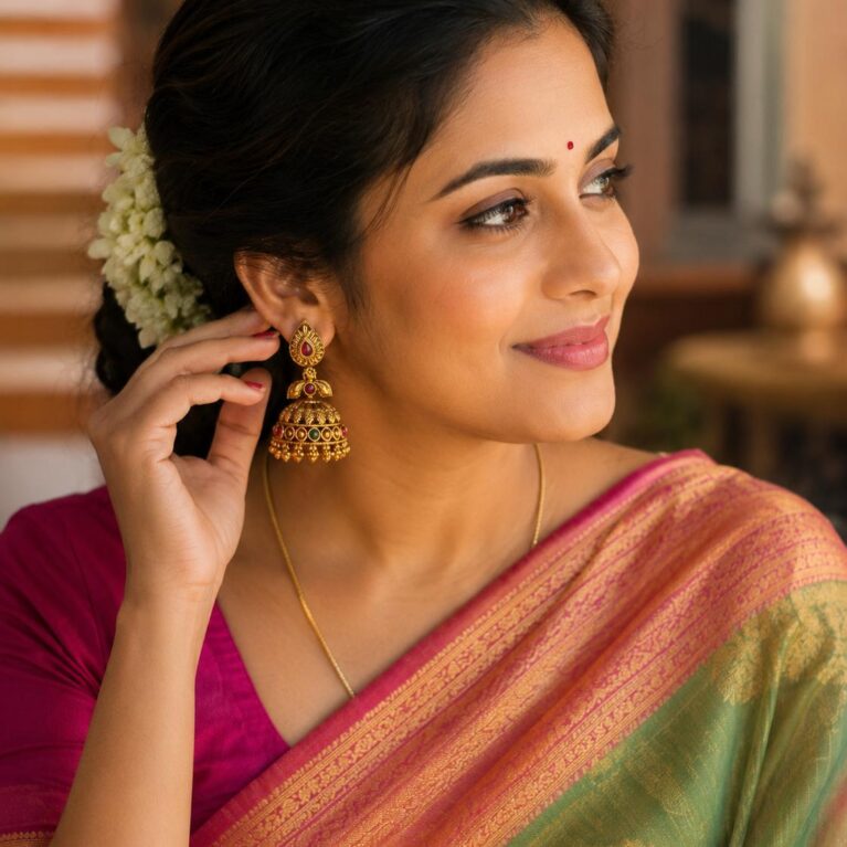 Golden Antique Jhumuka with Pink And Green Stone