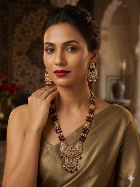 Premium Ruby Beads Temple Necklace Set – With Earrings