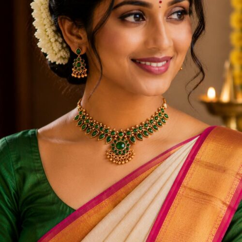 Emerald Mayilakshi Temple Necklace Set
