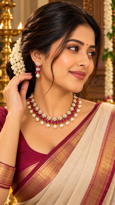 Ruby Pearl Floral Necklace Set