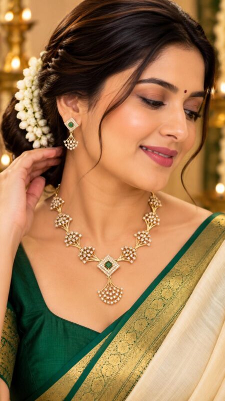 Emerald Green Royal Fan Design AD Stone Necklace Set