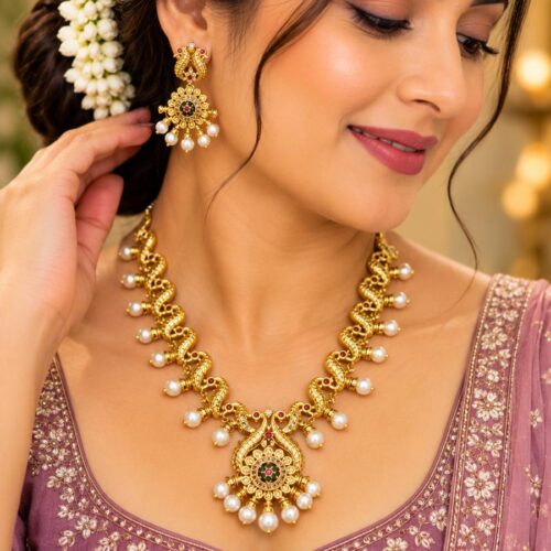 Royal Peacock Pearl Drop Traditional Necklace Set