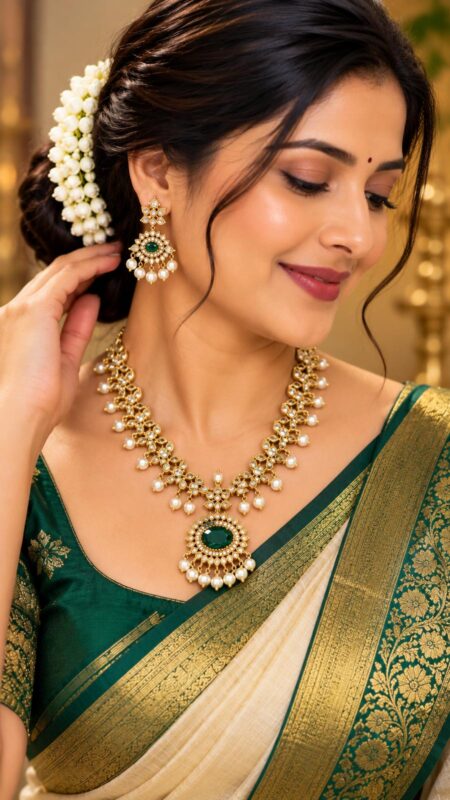 Royal Emerald Green Kundan Pearl Drop Necklace Set