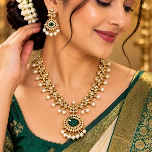 Royal Emerald Green Kundan Pearl Drop Necklace Set