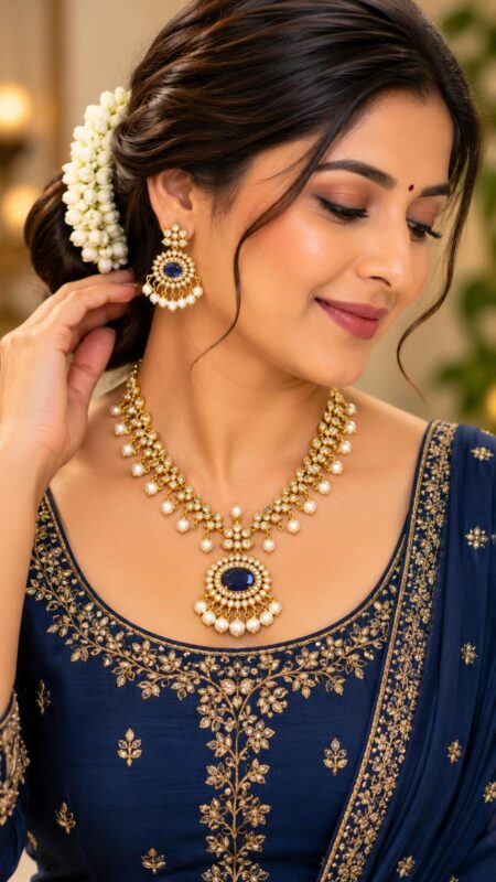 Royal Sapphire Blue Kundan Pearl Drop Necklace Set