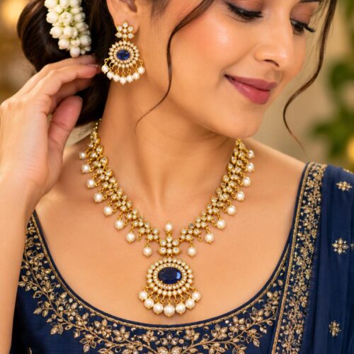 Royal Sapphire Blue Kundan Pearl Drop Necklace Set