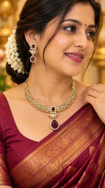Royal Ruby Red Peacock AD Stone Choker Necklace Set