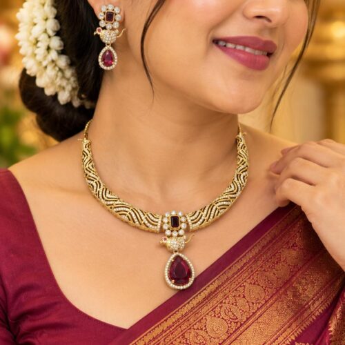 Royal Ruby Red Peacock AD Stone Choker Necklace Set