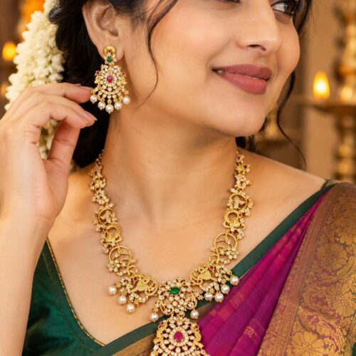 Royal Peacock Floral Ruby & Emerald Pearl Drop Haram Necklace Set