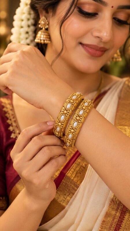 Royal Antique Gold Pearl Kundan Traditional Bangles- Pair-2.6