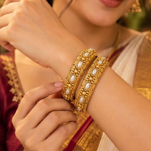 Royal Antique Gold Pearl Kundan Traditional Bangles- Pair-2.6
